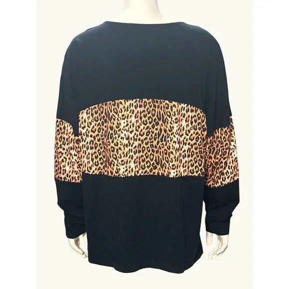 Color Block Pullover Blouse Leopard Print Tunic Raglan Long Sleeve Casual Loose - Picture 3 of 9